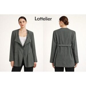 Lattelier Gray Linen Cotton Blend Draped Blazer‎ Longline Sz L Scandi inspired